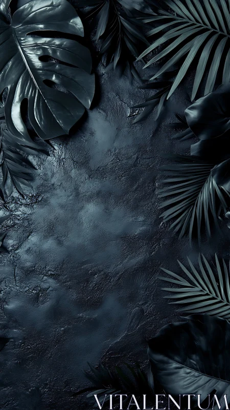 Dark tropical leaves framing textured stone surface.