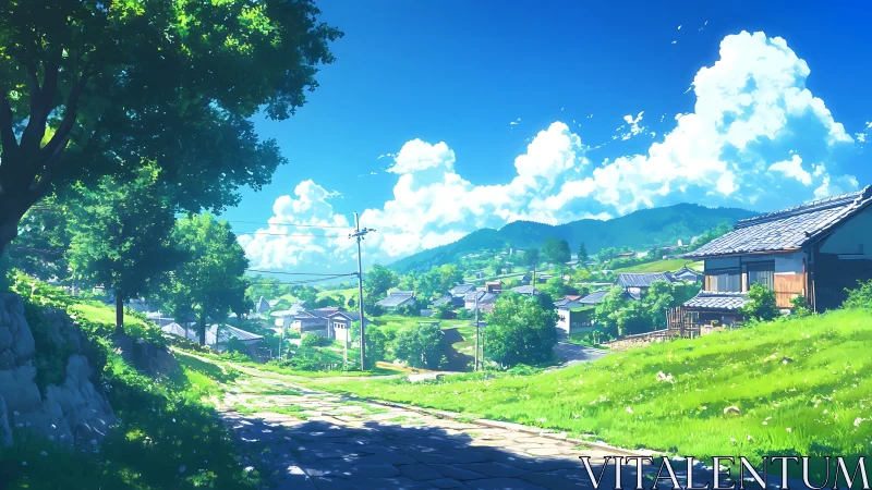 Sunlit rural hillside road above a tranquil green valley.