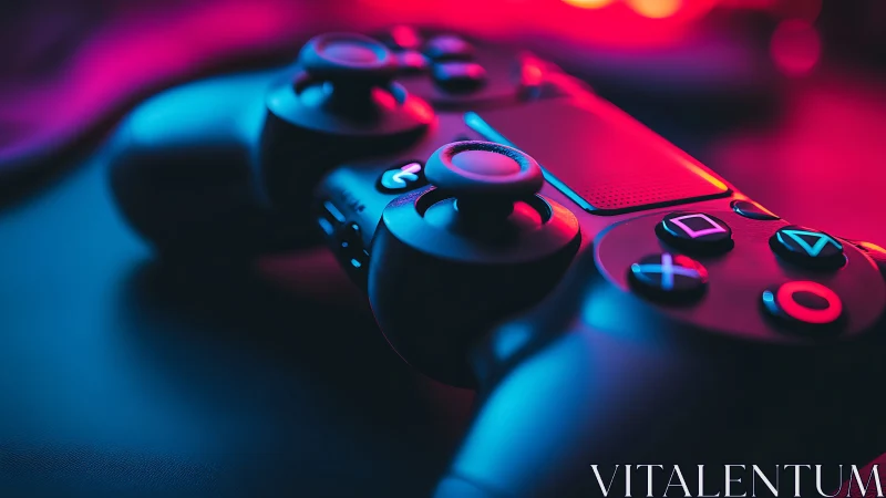 Game controller glows under neon cyberpunk studio lighting.