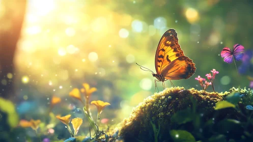 Golden butterfly resting in a glowing, storybook garden.