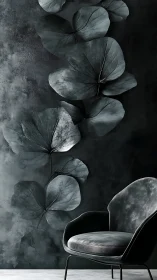 Monochrome leaf mural with upholstered accent chair in profile.