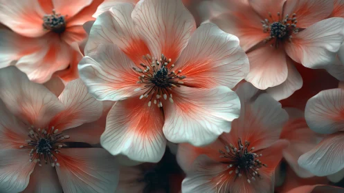 Coral and white petals with radiating red centers and dark stamens
