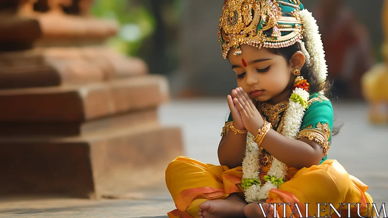 Tiny deity in silk and gold folds quiet temple morning.