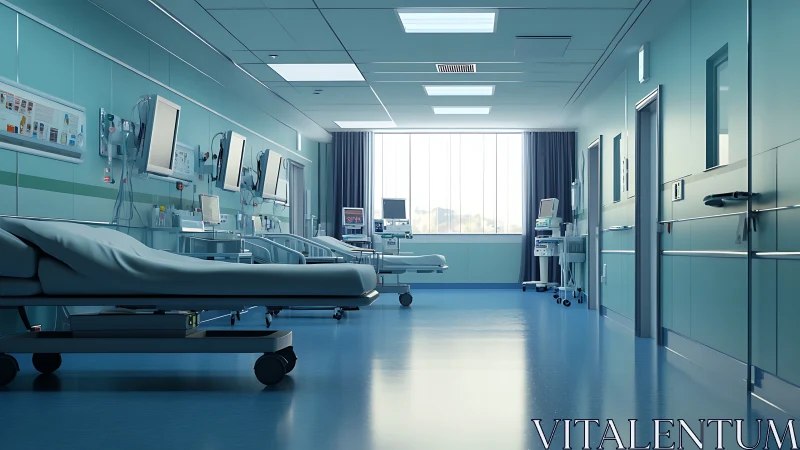 Modern empty hospital ward with beds and monitors visible.