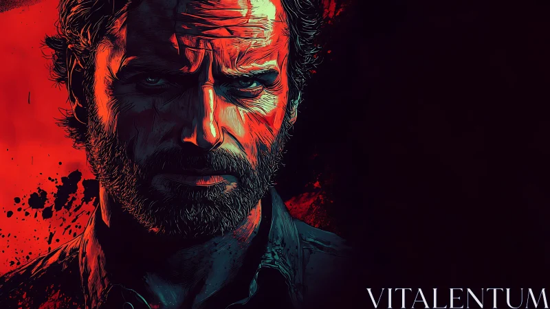 Intense bearded man portrait on red splattered background.