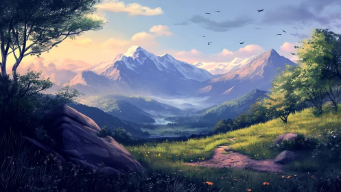 Mountain valley landscape shows sunlit meadows and peaks