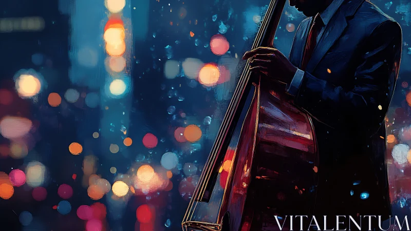 Jazz bassist plays upright bass in colorful night city