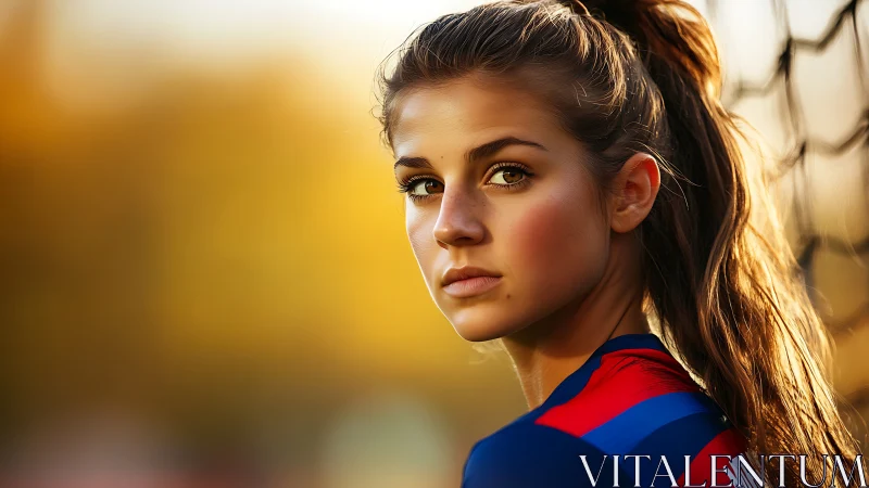 Focused young soccer player stands near goal in warm light
