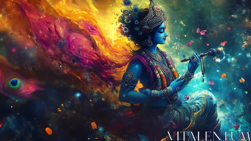 Divine blue deity plays flute amid swirling cosmic nebula