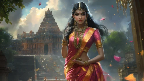 Elegant woman in traditional Indian attire before ancient temple, digital art.