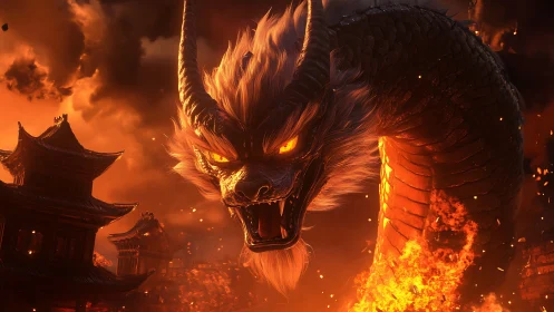 3D infernal dragon over burning temple city environment.