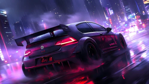 Neon city rain chase with a tuned night racing hatchback.
