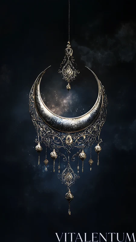 Ornate silver crescent pendant with celestial filigree detail.