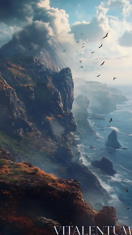 Rocky sea cliffs under clouds with coastal bird flight.