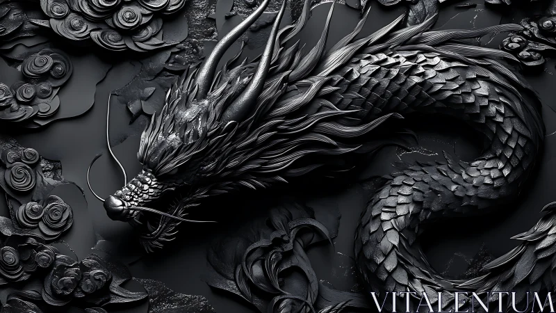 Monochrome draconic bas relief with intricate scale topology.