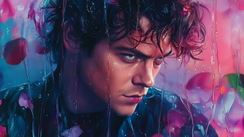 Moody wet-haired man amid neon petals and glass streaks.