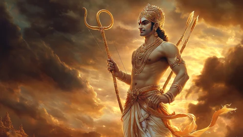 Warrior demigod stands against stormy golden sky