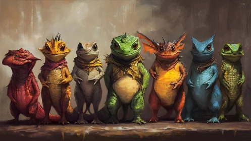 Whimsical lizard companions lined in vivid chromatic harmony.