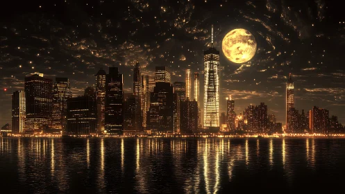 Luminous futuristic skyline under full moon over water.