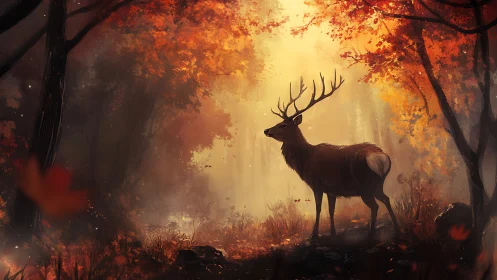 Stag standing in backlit autumn forest clearing at dawn.