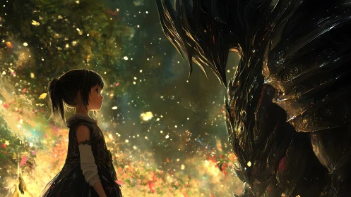 Small starlit girl meets towering shadowed guardian in gold