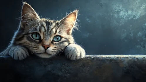 Tabby Cat with Striking Blue Eyes Peers from Stone Ledge.