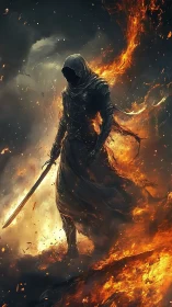 Hooded swordsman silhouette emerging through swirling firestorm