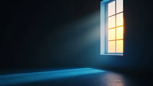 Sunrise light beam pouring through minimalist window frame.