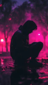 Neon rain carves a quiet silhouette into the electric night