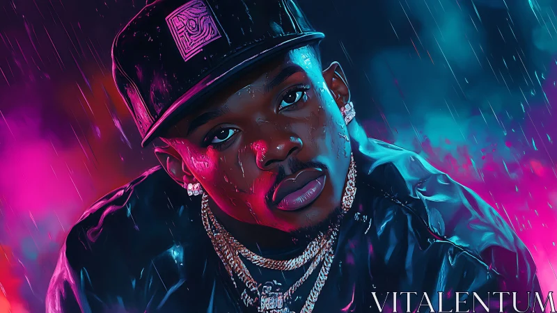 Moody neon portrait of a confident rapper in the rain.