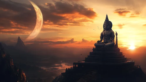 Celestial Buddha temple glows beneath a leaning crescent moon.
