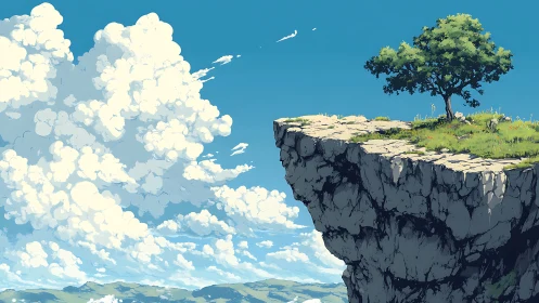 Elevated Landscape with Solitary Tree on Cliff Outcrop Against Azure Sky