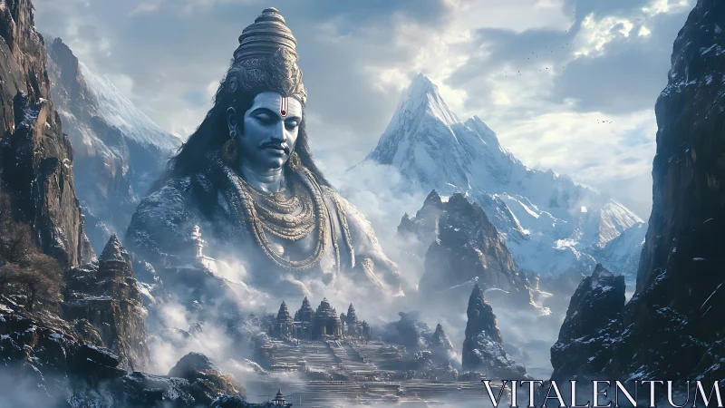 Colossal Himalayan deity statue overlooking misty mountain city.
