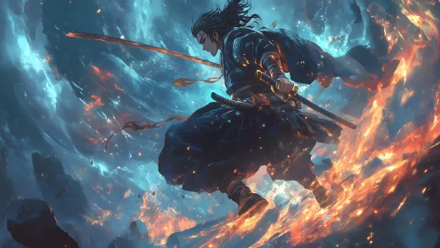 Stormfire samurai leaps through drifting embers and skyfire.