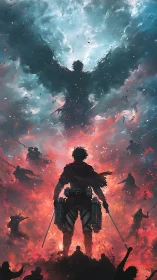 Heroic silhouette vs celestial titan in dynamic anime tableau.