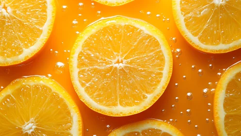 Citrus cross‑sections suspended in effervescent orange fluid.