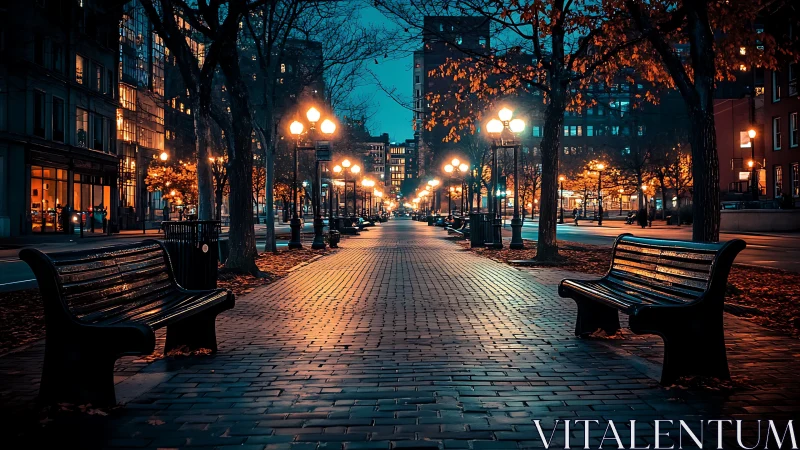 Twilight city promenade with glowing park lamps and benches.