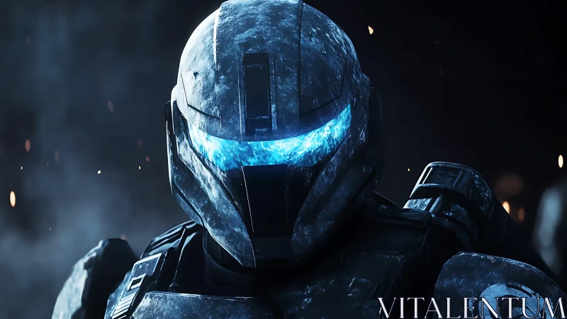 Armored sci fi soldier with illuminated blue visor front view.