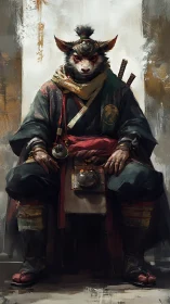 Stoic fox warrior seated in layered robes and quiet power.