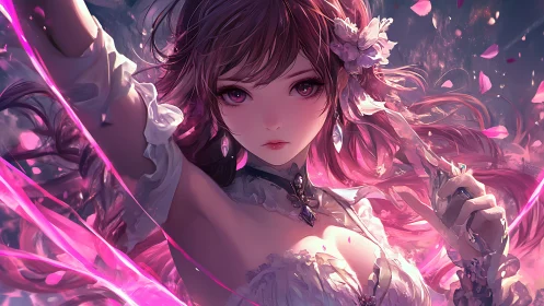 Luminous sakura sorceress with chromatic energy ribbons.