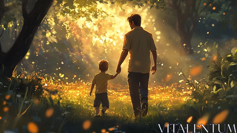 Sunlit forest path with father and child walking hand in hand.