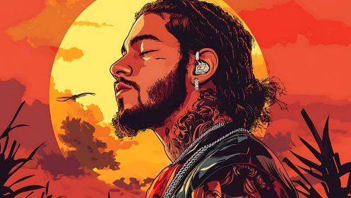 Tattooed man in profile against bold red sunset sky.