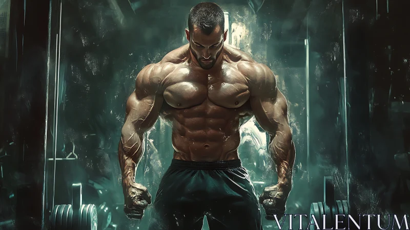 Digital painting of hyper-defined bodybuilder in moody gym lighting.