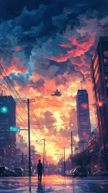 Lone figure walks a neon city street under burning skies