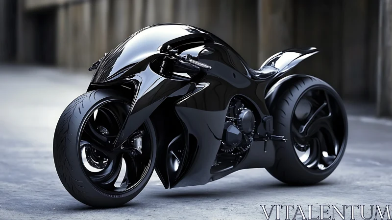 Sleek black concept motorcycle stands poised in urban shadows