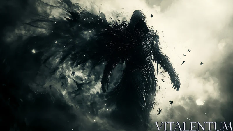 Hooded shadow wraith emerges through swirling storm fog