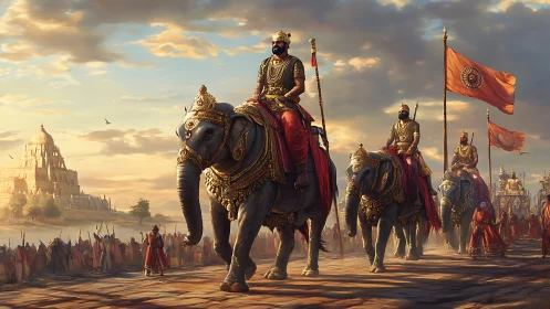 Royal elephant procession beneath a glowing temple sky.