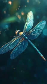 Detailed dragonfly illustration on teal blurred background.