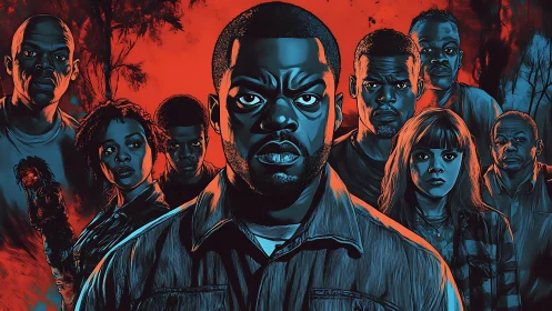 Blue-orange ensemble portrait employs dramatic chiaroscuro lighting