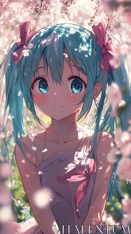 Blossom-soft spring girl with teal twin-tails and shy glow.